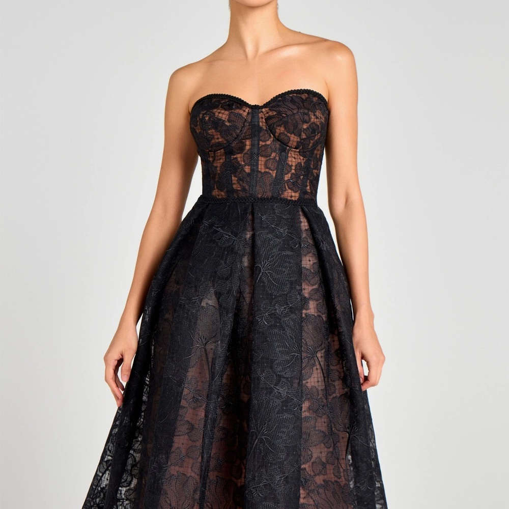 NADINE MERABI Olivia Black Lace Strapless A-Line Midi Dress with Nude Underlay - Picture 2 of 8